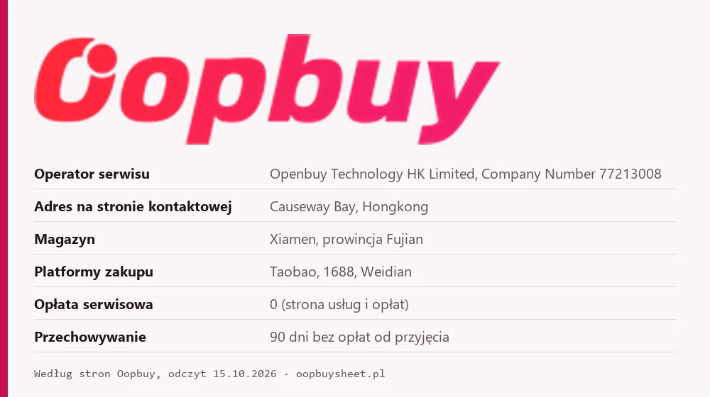Logo Oopbuy i podstawowe dane agenta: operator, adres, magazyn, platformy, opłaty