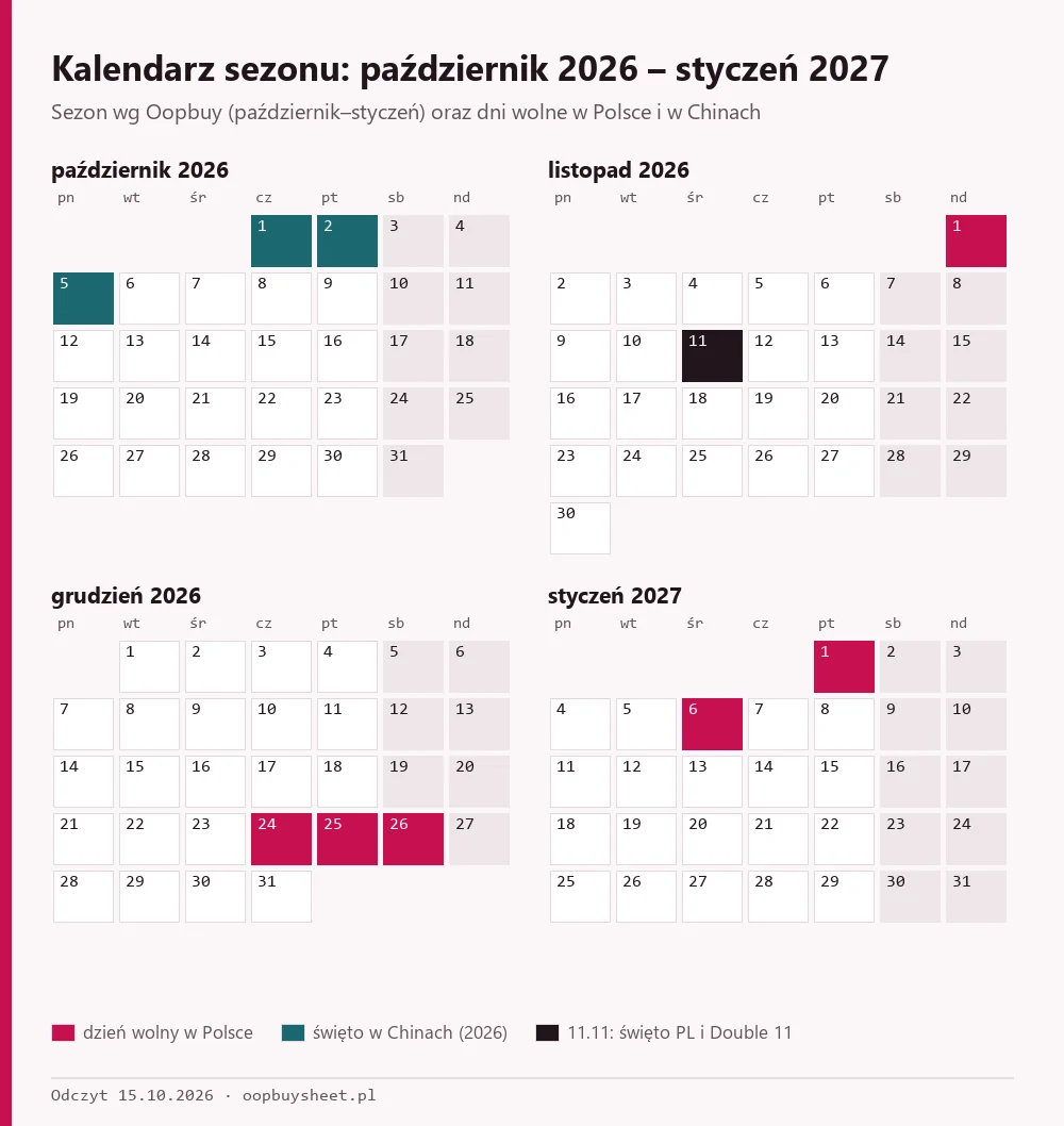 Kalendarz od października 2026 do stycznia 2027 z dniami wolnymi w Polsce i świętami w Chinach
