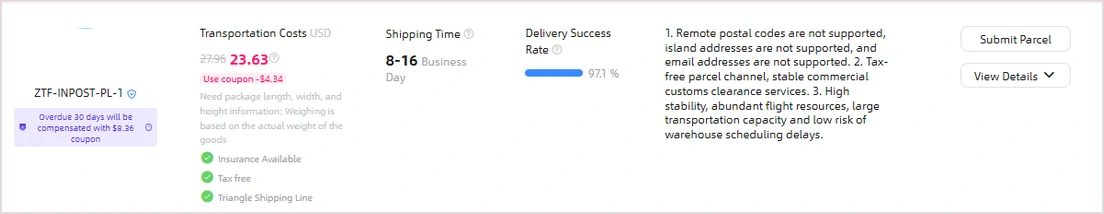 Karta linii ZTF-INPOST-PL-1 z oknem 8–16 dni roboczych, odsetkiem 97,1% i plakietką o 30 dniach