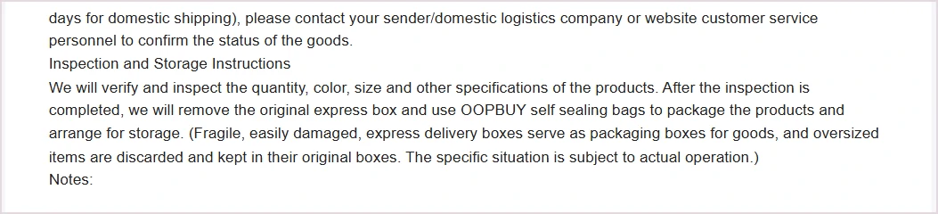 Fragment strony Oopbuy Inspection Information o sprawdzaniu ilości, koloru i rozmiaru