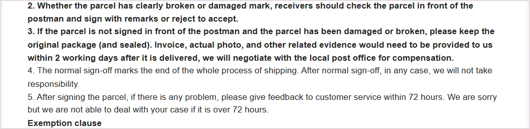 Fragment strony Oopbuy Notices of the parcel receiving: 2 dni robocze na dowody i 72 godziny na kontakt