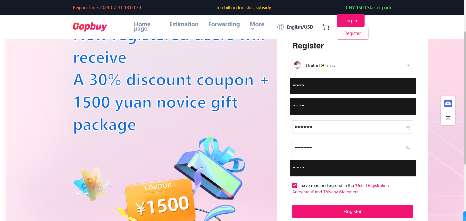 Formularz rejestracji konta Oopbuy z zamaskowanymi prywatnymi polami.